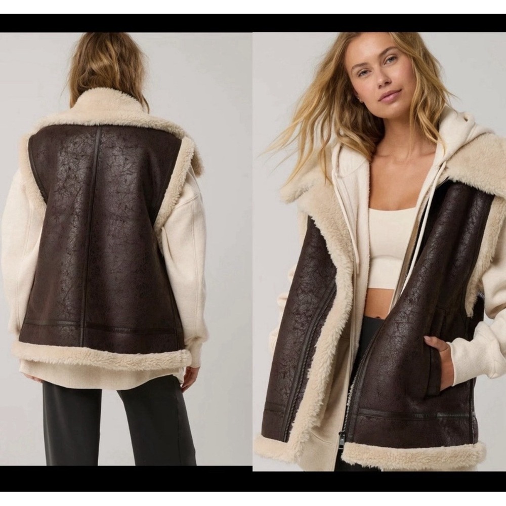 Offline by Aerie XL Oversized Faux Leather & Sherpa Chocolate Brown W/Cream Fur